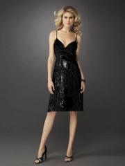 Shinny Black Sequined Fabric Spaghetti Straps V-neckline Knee Length Wedding Guest Dresses