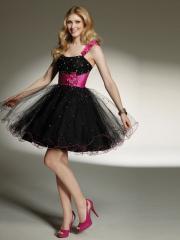 Short Black Tulle Purple Taffeta Ruffled Floral One-Shoulder Neckline Sleeveless Prom Dress