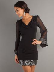 Short Draped Sequin Neck Dress with Sheer Long Sleeves With Natural Waistline