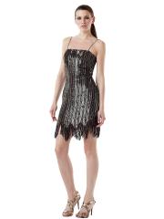 Short Length Sheath Style Spaghetti Strap Neck Sequined Feather Hem Cocktail Party Dress