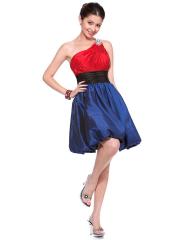Short One Shoulder Satin Asymmetrical Ruched Bust With Jewel Bubble Dress