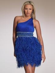Short One Shoulder Dress with Feather Skirt And Rhinestone Empire Waist Dress
