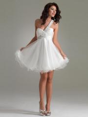 Short One Shoulder sweetheart Ruched Bodice White Dress with Natural Waistline