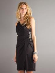 Short Sheath Style One-Shoulder Black Satin Diamantes Embellished Wedding Party Gown