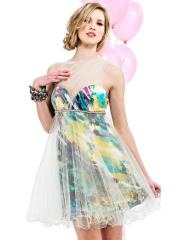 Short Sheath Sweetheart Multi-Color Printed Cocktail Party Dress with Matching Tulle Shawl