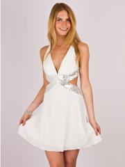 Short Silver Sequined Detail White Party Dress with High Cut Out Waistline