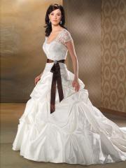 Short Sleeves with Sash and Pick-Up Design in Chapel Train Wedding Dress