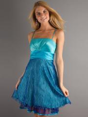 Short Spaghetti Strap Dress with Sequin Detail On Skirt With Tied Waistline