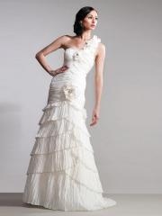 Silk Taffeta A-line Style One-shoulder Flower Trim Ruched Bodice Full Length Celebrity Dresses