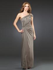 Silver One-Shoulder Capped Sleeve Rhinestone Ornament Full Length Taffeta Evening Dresses
