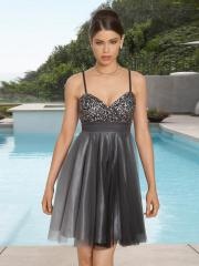 Silver Organza Spaghetti Straps Sweetheart Sequined Top Flared Skirt Homecoming Dresses