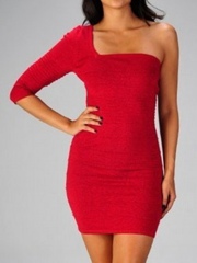 Simple Red Single Half Sleeve Square Neckline Fitting Form Cocktail Dresses