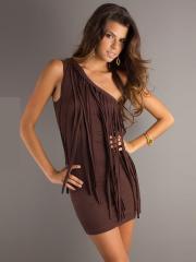 Simply Sheath Asymmetrical Neckline and Fringe Accented Elastic Chiffon Cocktail Dresses