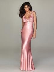 Skin Pink Satin Low V-neckline Empire Waist Full Length Brooch Ornament Celebrity Dresses