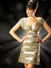Sleeveless Sheath Short Length Gold Sequined Deep V-Neck Cocktail Occasion Gowns