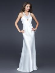 Smart Halter Neck White Floor Length Silky White Satin Keyhole Wedding Guest Gown