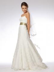 Smart Strapless Embroidered Lace Gown of Satin Sash and Veil