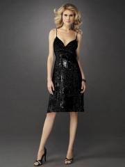 Spaghetti Strap Neck Black Sequined Short Wedding Guest Gown of Zipper Back