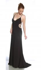 Spaghetti Strap Neck Floor Length Black Chiffon Evening Dress of Side Cut-Outs and Sequins