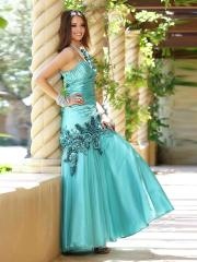 Spaghetti Strap Neck Floor Length Ice Blue Satin and Tulle Floral Wedding Party Dresses