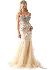 Spaghetti Strap Neck Floor Length Mermaid Celebrity Gown of Ivory Tulle and Sequined Trim