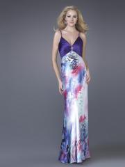 Spaghetti Strap Neck Floor Length Sheath Evening Gown of Purple Satin Bodice and Printed Skirt