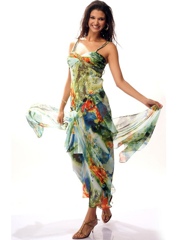 Spaghetti Strap Neck Printed Ankle-Length Evening Gown of Beaded Accents at Bust