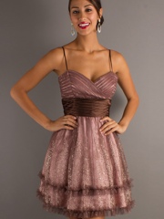 Spaghetti Strap Neck Short Length Homecoming Gown of Chocolate Sash at Waist