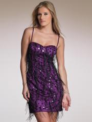 Spaghetti Strap Neck Short Length Purple Satin Homecoming Gown of Black Feather Front