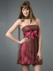 Spaghetti Strap Neck Short Length Sheath Brown Dotted Tulle and Fuchsia Satin Party Dress