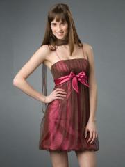 Spaghetti Strap Neck Tulle and Fuchsia Satin Homecoming Gown of Bow Tie Front