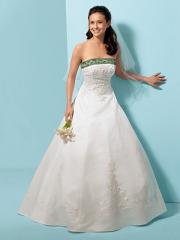 Spectacular Strapless White Green Satin Gown of Embroidery
