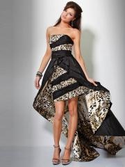 Strapless Black Animal Taffeta Beaded and Asymmetrical Pleated High Low Prom Dresses