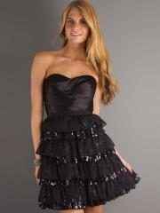 Strapless Black Short A-Line Homecoming Gown of Tiered Skirt and Sequined Accents