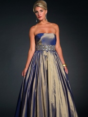 Strapless Dark Navy Floor Length Celebrity Gown of Jeweled Band at Empire Waist