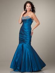 Strapless Dark Royal Blue Taffeta Mermaid Evening Gown of Beaded Bodice and Fish Tail Skirt