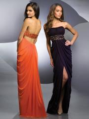 Strapless Floor Length Column Purple or Orange Chiffon Evening Gown of Slit Skirt