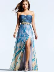 Strapless Floor Length Evening Gown of Blue Satin Bodice and Printed Slit Skirt