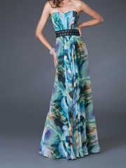 Strapless Floor Length Flowery Printed Evening Dress of Black Diamante Embellished Band