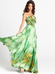 Strapless Floor Length Green Toned Printed Chiffon Evening Dress of Ruffles at Bust