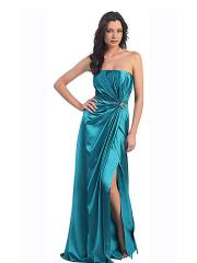 Strapless Floor Length Ice Blue Satin Prom Gown of Slit Skirt and Brooch at Waist