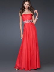 Strapless Floor Length Orange Red Plain Chiffon Bridesmaid Gown of Sequined Accent