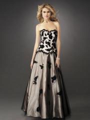 Strapless Floor Length Wedding Guest Gown of Black Appliques at Bodice and Silver Satin Inlay
