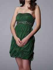 Strapless Green Shimmering Organza Cocktail Gown of Sequined Empire Waist