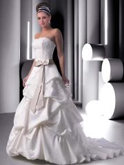 Strapless Satin Gown With A Scalloped Lace Bodice Accented with A Bow At The Natural Waistline Dresses