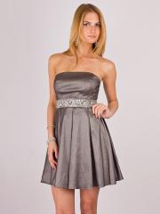 Strapless Short A-Line Brown Silky Taffeta Homecoming Gown of Beaded Band