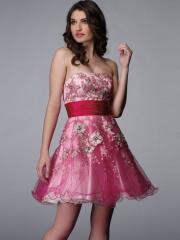 Strapless Short A-Line Homecoming Gown of Pink Tulle Overlay and Satin Sash at Waist
