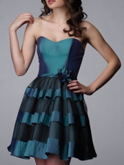 Strapless Short Homecoming Dress Featuring Flower at Waist and Multi-Tiered Skirt