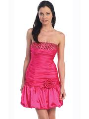 Strapless Short Length Fuchsia Stretch Satin Homecoming Gown of Diamantes and Flower