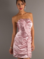 Strapless Short Length Pink Stretch Satin Junior Bridesmaid Gown of Ruffles at Front